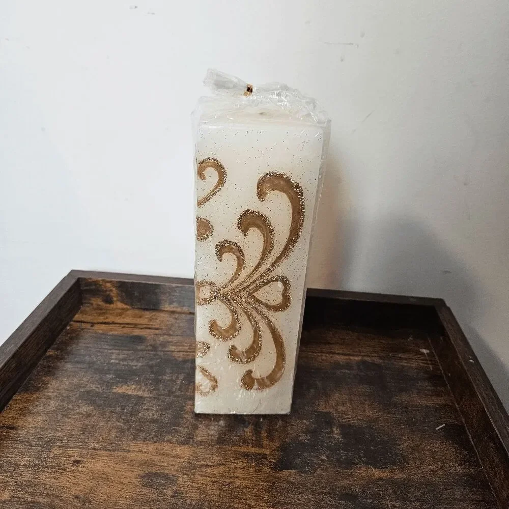 Square Pillar Holiday Candle JCPenny NWT White/Gold 9 in Tall